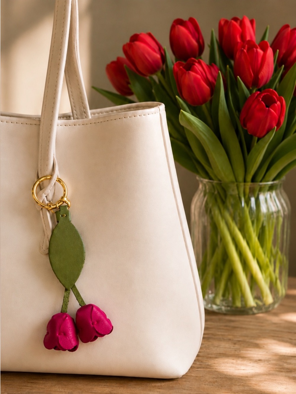 Red Floral Tulip Leather Keychain with Green Leaf Accent Gold Hardware